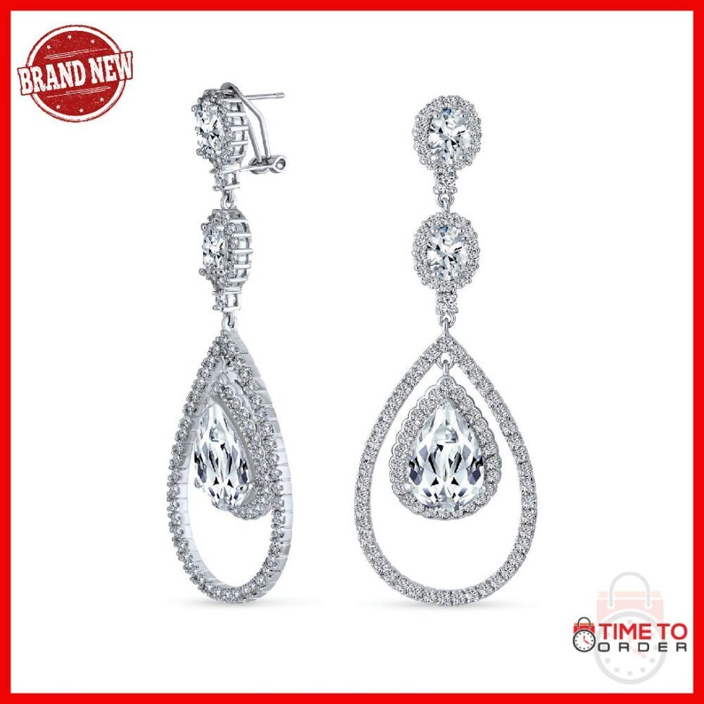 Large Pear Teardrop Dangle Earrings Silver Plated Cubic Zirconia Statement